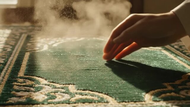 Spiritual 4K Slow Motion of a Muslim Hand Performing Tayammum (Dry Ablution) on a Traditional Green Prayer Mat before Worship