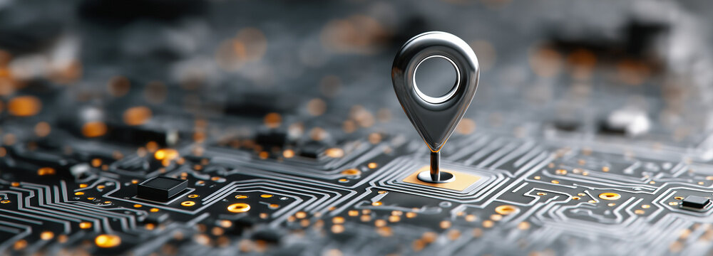 A metallic location marker sits atop a detailed circuit board, symbolizing GPS technology, digital navigation, data tracking, and smart connectivity.