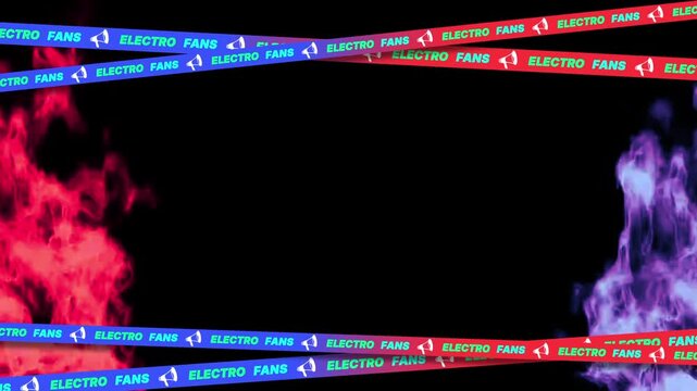 Electro Fans promotional text on blue and red moving tapes with colorful smoke on black background loop.