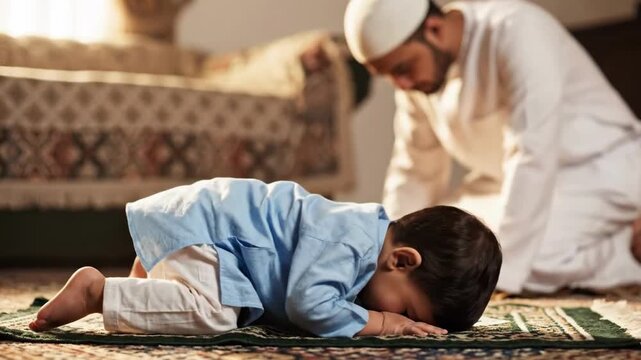 Heartwarming Cinematic 4K Slow Motion of a Muslim Father Teaching his Young Son to Pray (Salat) on Prayer Rug during Ramadhan