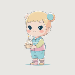 Adorable cartoon child holding a milkshake with straw.
