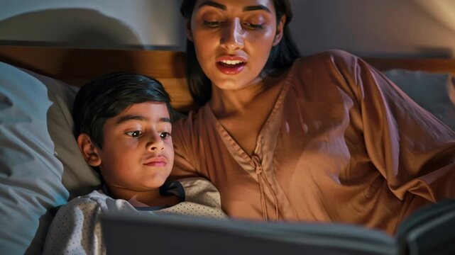 Loving Indian mother reading bedtime story to young son in cozy bedroom at night