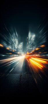 Urban city street at night showing speed and light trails. Blurring light streaking through a modern city street at night conveying fast motion
