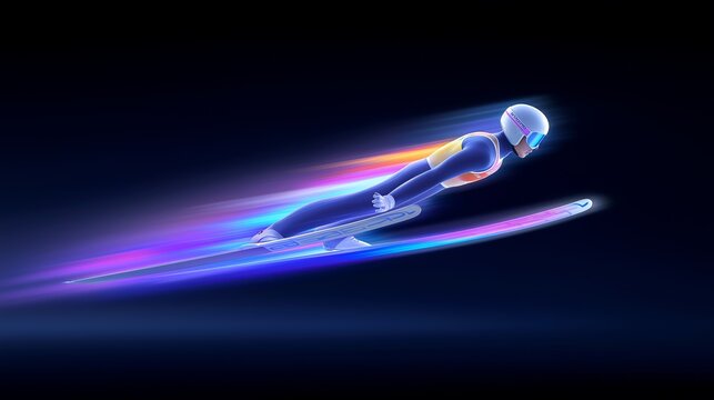 ski jumping banner. ski jumping dynamic wallpaper with colorful light trails on a dark background