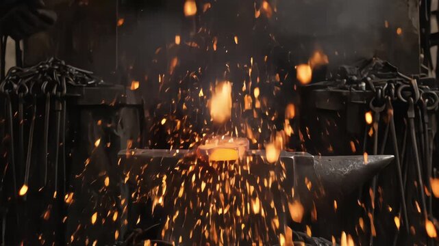 Blacksmith hammer striking red hot metal on anvil in dark workshop with bright flying sparks