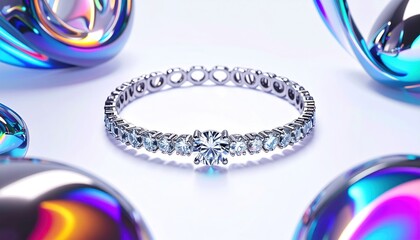 Diamond bracelet with surrounding iridescent orbs, bright studio lighting, white background