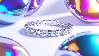 Sparkling diamond eternity ring rests amidst iridescent orbs on a white surface