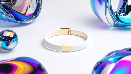 A white bracelet with gold accents is surrounded by iridescent, clear spheres on white