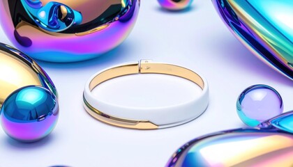 White and gold bracelet centerpiece, surrounded by iridescent spheres on a white surface