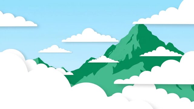 Stylized Green Mountain Peak Emerging Through Fluffy White Clouds.