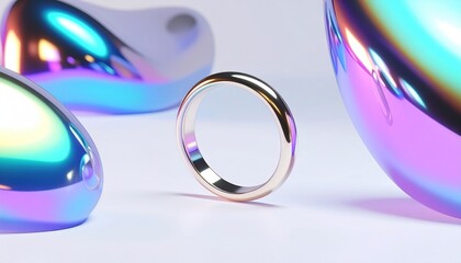 A golden ring stands against a backdrop of iridescent, amorphous shapes on white