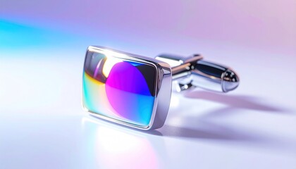 A single cufflink with a rectangular face, iridescent finish, silver frame, on white