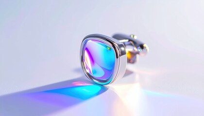 Elegant square cufflinks, reflective, vibrant iridescent light, on a gradient surface