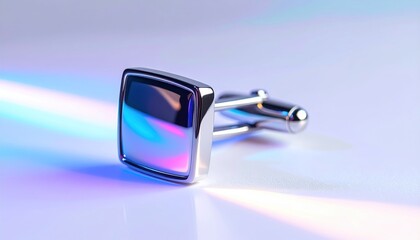 Close-up of a silver, square-faced cufflink reflecting colored light on a white surface