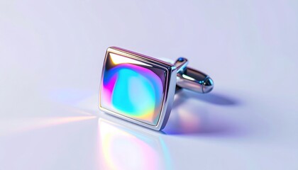 A close-up of a silver, square cufflink with a rainbow-colored, glossy face