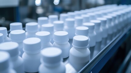 Obraz premium Rows of small opaque plastic bottles with child resistant caps on a manufacturing line
