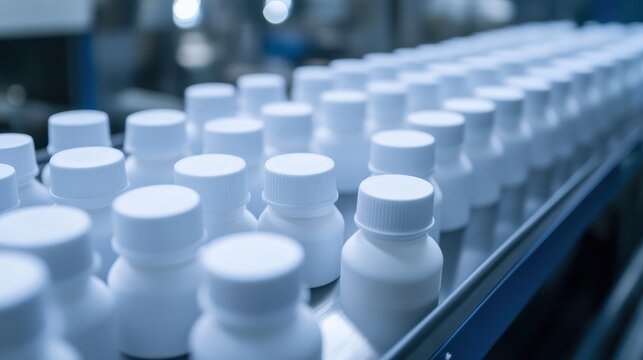 Rows of small opaque plastic bottles with child resistant caps on a manufacturing line