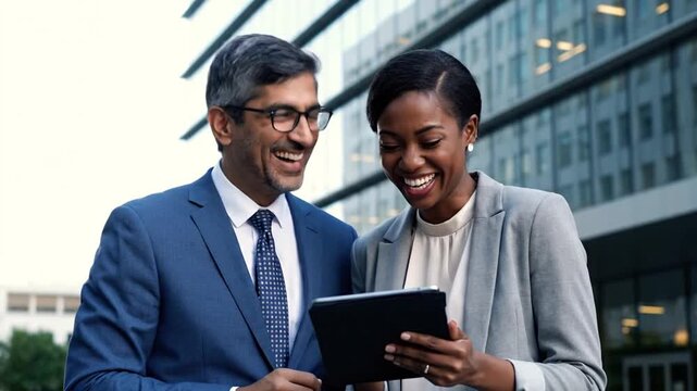 Colleagues laugh at tablet outdoors.