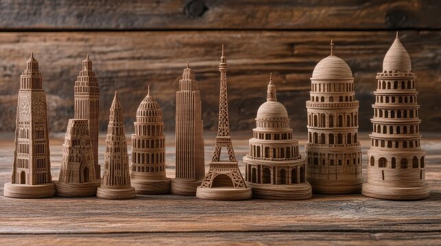 Wooden miniatures of world famous buildings on display