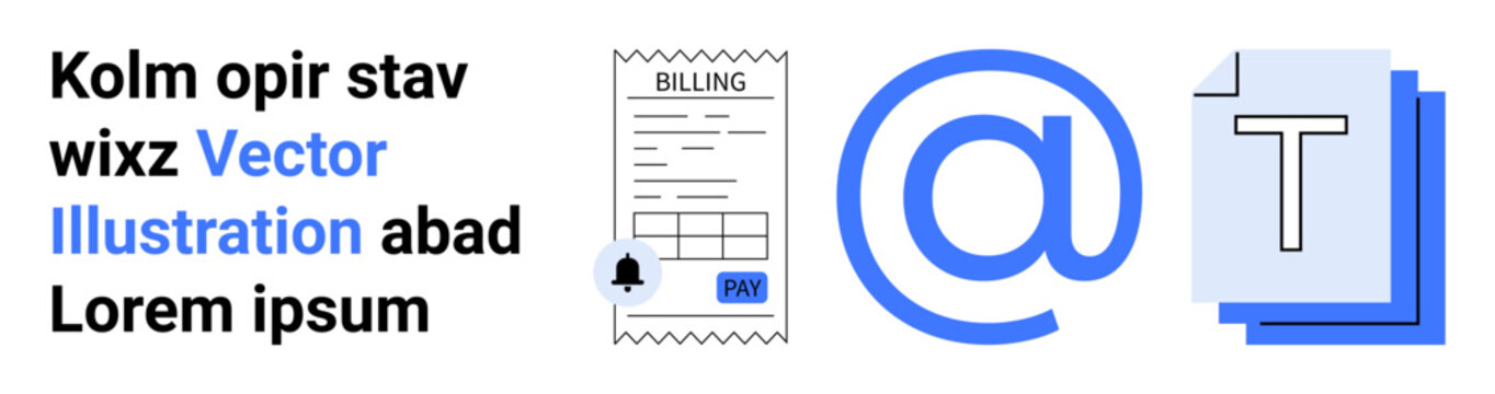 Finance, billing, digital communication, email, documentation, online payments. Image shows a billing receipt, email symbol and text document . Billing and online payments theme