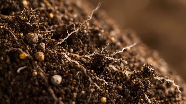 Macro Closeup of White Plant Roots Growing Through Fertile Dark Soil Structure with Water Droplets, Illustrating Agriculture, Ecosystem Health, and Botany Concepts