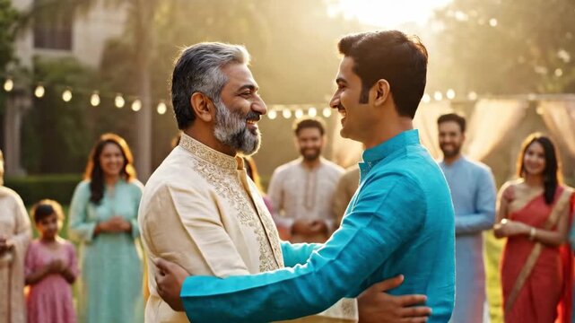 Heartwarming Cinematic 4K Slow Motion of Father and Son Embracing During Eid al-Fitr Family Reunion
