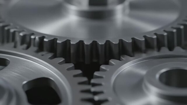 Close up view of three interlocking metallic gears rotating smoothly, representing complex mechanical systems, engineering, industry, and power transmission technology.