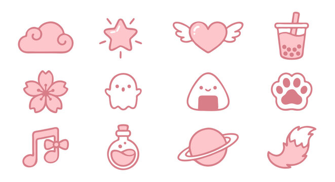 Cute flat vector anime style icons set