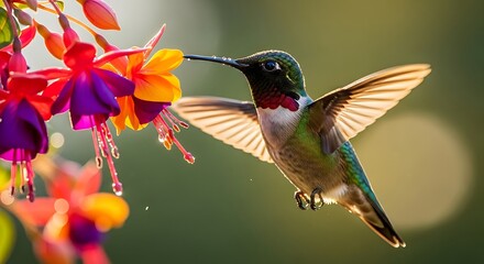 Obraz premium Hummingbird hovering and feeding on nectar from vibrant fuchsia flowers in soft natural light