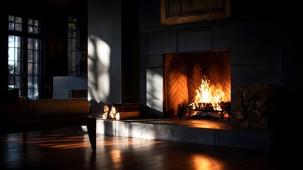 Fototapeta premium Cozy Rustic Fireplace with Burning Wood and Warm Sunlight Shadows