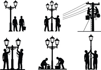 Electrician silhouette vector set, workers repairing street lamps and utility poles, maintenance crew fixing city lights with tools, black and white illustration © Samol