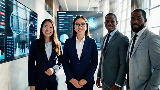 Three professionals in business attire examining large digital graphs on a wall screen in an office