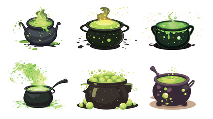 Cauldron with bubbling green potion magical illustration isolated on white background