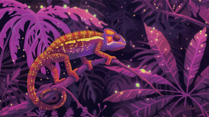 Chameleon in neon jungle, retro vaporwave style illustration