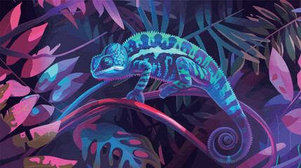 Chameleon in neon jungle, retro vaporwave style illustration