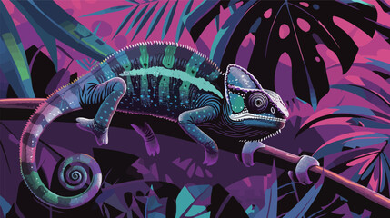 Chameleon in neon jungle, retro vaporwave style illustration