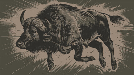 Charging buffalo mid-motion with dynamic engraved line illustration