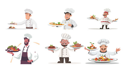Chef character presenting plated food cartoon illustration