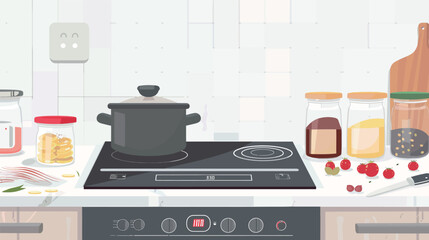 Clean new black induction stove with control panel, kitchen appliance illustration