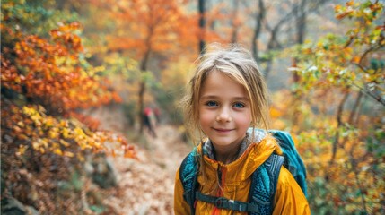 Fototapeta premium Explore adventure outdoor in National Park. A young girl in a yellow jacket and blue backpack standing in a forest of vibrant fall colors. The background is slightly blurred.