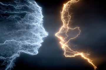 An abstract digital composition featuring two human profiles formed from electrical discharges and glowing energy lines. 