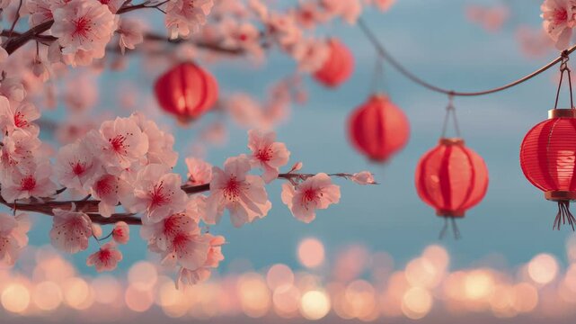 pink cherry blossom in spring with hanging lantern