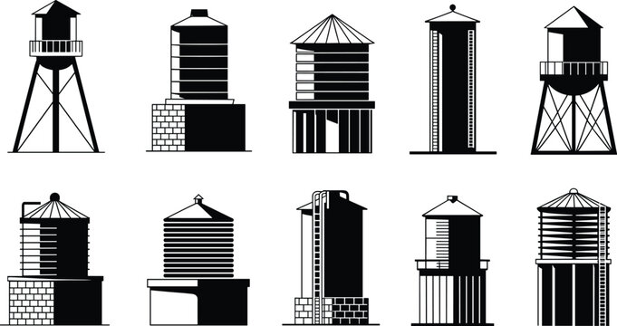 Black water tower silhouette icon set illustrating industrial storage tanks architecture infrastructure design isolated on white background vector
