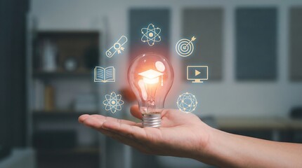 Hand holding glowing light bulb with innovation and technology icons floating around in dark office background