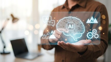 Business professional holding AI brain hologram with digital icons in modern office for innovation and technology concept