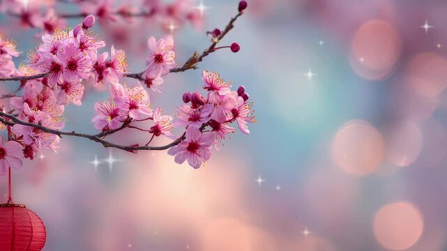 pink cherry blossom in spring with hanging lantern