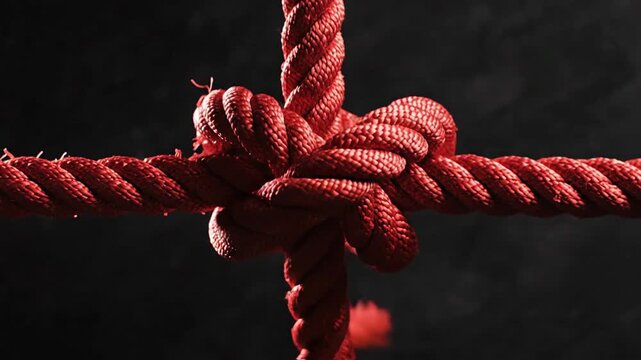 A tightly tied red rope knot, centered against a dark, smoky background, creating a dramatic effect