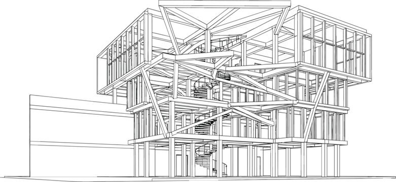 Modern deconstructivist architectural building wireframe vector illustration featuring a central spiral staircase and complex geometric structural framework for futuristic urban projects