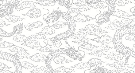 Traditional Chinese dragon and cloud seamless pattern in line art, isolated white background.