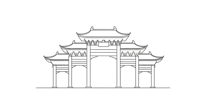 Majestic traditional Chinese gate or archway (Pailou) architecture line art, isolated white background.